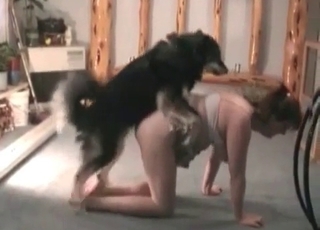 Pudgy chick enjoying bestiality in the bedroom
